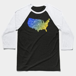 Colorful mandala art map of the United States of America in blue and yellow Baseball T-Shirt